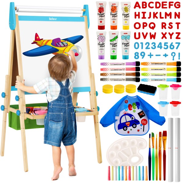 Belleur All-in-One Easel for Kids, Adjustable Height Art Easel for Kids 2-8, Larger Double-Sided Magnetic Board with 2 Paper Rolls, Kid Easel for Toddlers, Perfect Painting Easel, Ideal