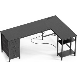 Huuger 63 Inch L Shaped Desk with Fabric Drawers, Reversible Computer Gaming Desk with Power Outlets and USB-C Port, Adjustable Side Storage Shelves, for Work Study Corner Home Office, Black