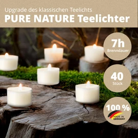 Wenzel Tea Lights 10 Hours - Set of 40 Vegan Rapeseed Tea Lights - CO2 Neutral, without Aluminium - Transparent Case - Made in Germany - Tea Light for Pyramids, Christmas & Emergency - Plastic-Free