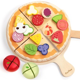 PairPear Wooden Pizza Cutting Play Food, 28 Piece Slice & Serve Toy Set with Tray, Montessori Inspired Pretend Kitchen Toy Gift for Toddlers Ages 3+