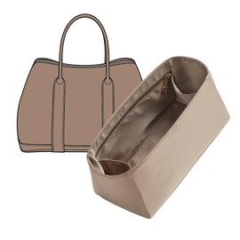 OAikor Garden Party 36 Bag Organizer, Premium Satin Fabric Lightweight& Purse Insert with 6 Pockets & Keychain, Luxury Women Handbag Tote Liner Shaper Storage Accessories(Etoupe Grey)