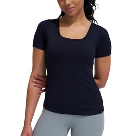 sphinx cat Seamless Ribbed Workout Yoga Fitted Tee Shirts Short-Sleeve Tops for Women with Built in Bra Black L