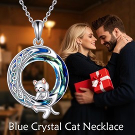 VONALA Cat Necklace 925 Sterling Silver Moon Pendant with Blue Crystal Cat Gifts for Cat Lover Cat Jewelry for Women