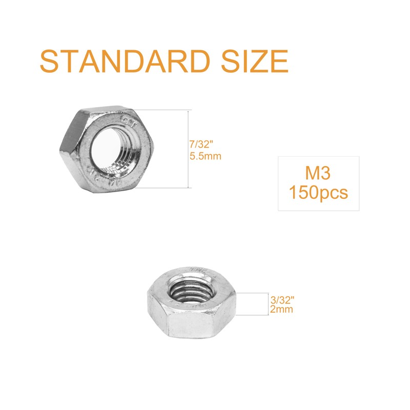 binifiMux 150 pcs M3 Hex Nuts, Stainless Steel 3mm I.D