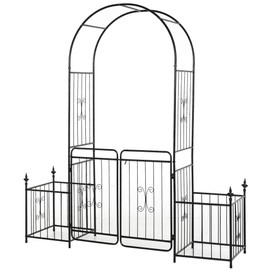 Outsunny 86" Garden Arbor Arch Gate with Trellis Sides for Climbing Plants, Wedding Ceremony Decorations, Grape Vines with Locking Doors, Planter Baskets, Flourishes & Arrow Tips, Black