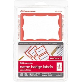 Office Depot Name Badge Labels, 2 11/32in. x 3 3/8in., Red Border, Pack Of 100, OD98837