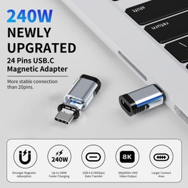 Tciogrxp USB-C Adapter, Magnetic USB C Extender, 240W Straight Magnetic USBC Adapter with 1 Connector Tips, 24Pin USB4 40Gbps 8K 60Hz Compatible with Thunderbolt 3/4 MacBook Pro/Air