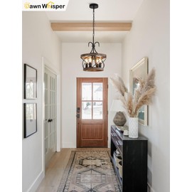 Farmhouse Chandelier Light Fixture Over Table Hanging Lamp for Kitchen Island Rustic Wood Drum Chandeliers for Dining Room Light Fixtures (12.6 Inch)