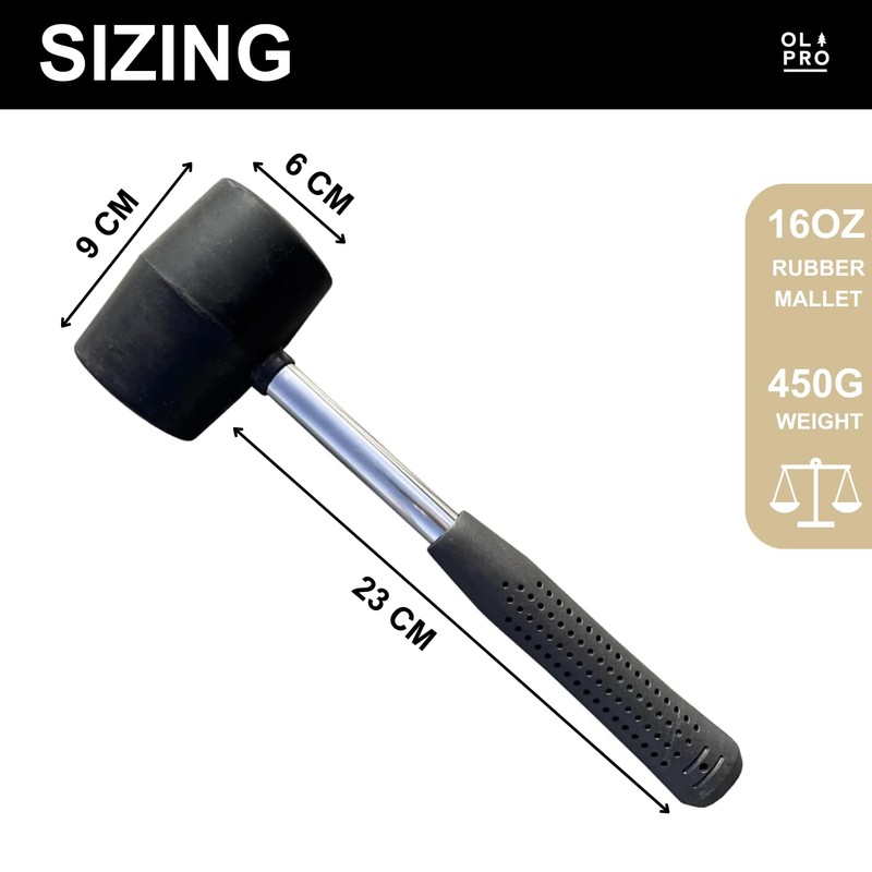 OLPRO Rubber Camping Mallet 16oz with Solid Steel Shaft, Ergonomic