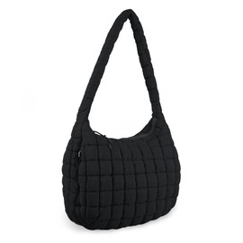 Quilted Puffer Tote Bag for Women,Large Puffy Crossbody Shoulder Bag Lightweight Nylon Hobo Bag with Zipper,Purse Puffy Quilted Carryall Bag Soft Oversized Padding Handbag for Daily Travel(Black)