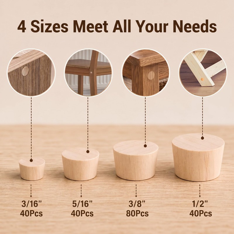 200 Pcs Wood Plugs, 4 Sizes (3/16", 5/16", 3/8", 1/2")