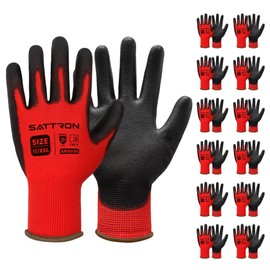 Safety Work Gloves PU Coated, 12 Pairs Seamless Knit Gloves with Polyurethane Coating Working Gloves Excellent Grip for Men & Women, Breathable, Ideal for General Duty Work DIY (Red, 2X-Large)