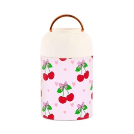 SDMKA 16OZ Vacuum Insulated Food Jar Cherries Leaves Bows Stainless Steel Hot Cold Food Thermo with Spoon for Kids and Adult, Lunch Container for School, Office, Picnic