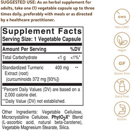 Solgar Standardized Turmeric Root Extract 400 mg, 60 Vegetable Capsules - Antioxidant Support for Brain, Joint, & Immune Health - Non-GMO, Vegan, Gluten Free, Dairy Free, Kosher - 60 Servings