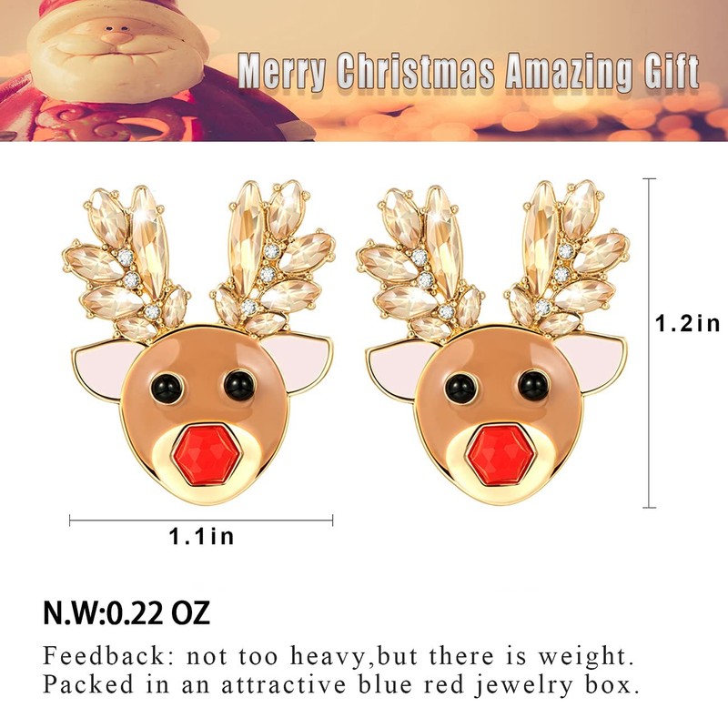 CLASSYZINT Christmas Dangle Earrings for Women Shiny Gold Plated Reindeer