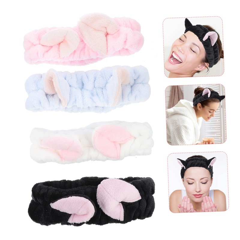 Healeved 4pcs Cat Ears Makeup Head Wraps Comfortable Elastic Headbands