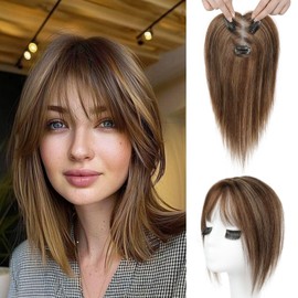 REECHO Hair Toppers for Women Real Human Hair, Seamless Human Hair Toppers with Bangs, 360° 3D Cover Clip in Bangs Hair Extensions for Daily Wear, Medium Brown with Highlights