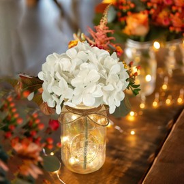 Set of 3 Mason Jar with Lights White Hydrangea Decorative Jars Flower Vase Farmhouse Table Centerpiece for Home Wedding Event Party Decor
