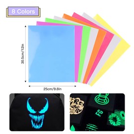 Glow in The Dark Heat Transfer Vinyl, HTV Iron On Vinyl Bundle, Luminous Fluorescent Heat Press Vinyl, 8 Pack 31 x 25cm Neon Iridescent HTV Vinyl Sheet for DIY T-Shirts
