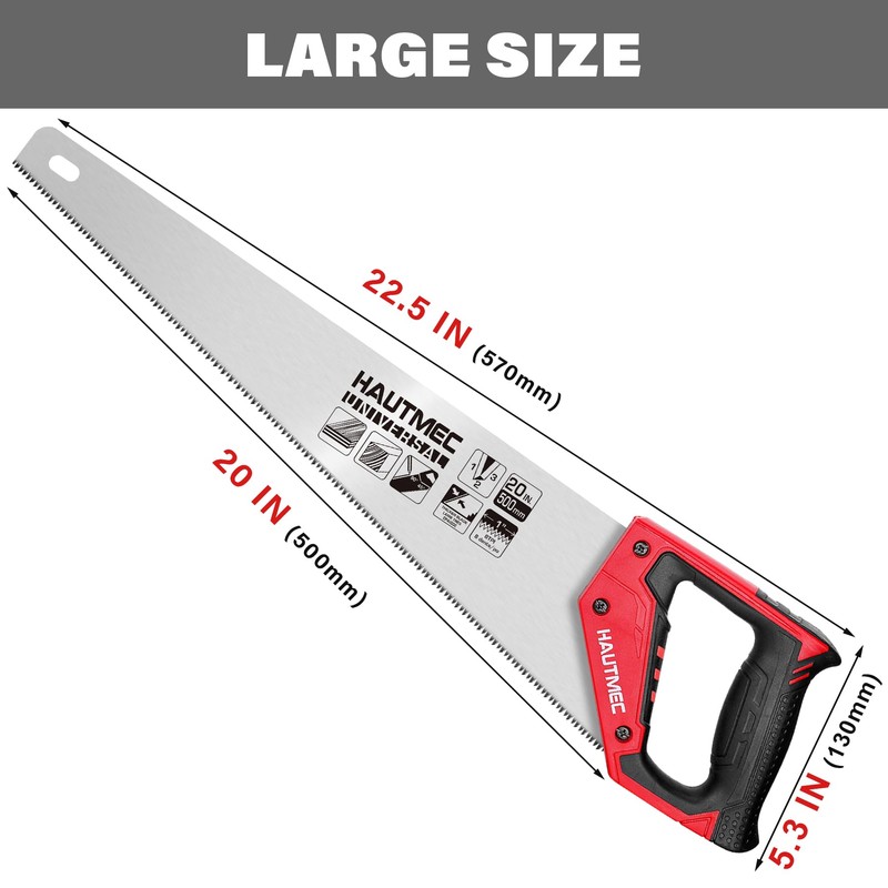 HAUTMEC 20" Universal Hand Saw, 8 TPI Triple-Ground Teeth, Low-Friction