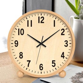 Maxspace Wooden Table Clock,8in Silent Non-Ticking Desk Clock,Battery Operated Desktop Analog Clock for Living Room Bedroom Kitchen Office Classroom Decor (Log)