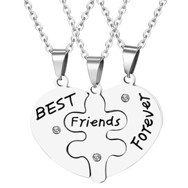 Oidea Upgraded Sets of 3 Best Friends Forever Messages BFF Puzzle Necklaces Stainless Steel Heart Shape Friendship Pendant Matching Necklaces Set for Women Gift - silver
