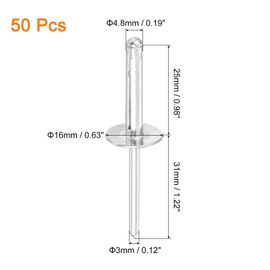 sourcing map 50Pcs 3/16"x1" Aluminum Large Head Tri Grip Rivets, Large Flange Tri Grip Rivets for DIY, Sheet Metal, Automotive Repairs, Furniture, Marine Boat (Silver)