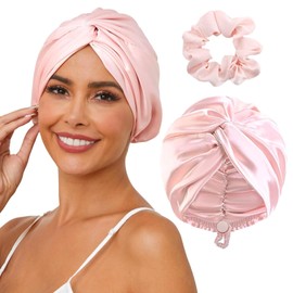 Gorro de Seda para Dormir, Gorro de Satin para Dormir Ajustable, Gorro de Cabello Rizado para Mujers con Banda Ancha Elástica, Reutilizable y Cómodo, Gorro de Noche para Dormir, Ducha y Belleza, Rosa