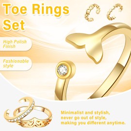 YVOETN 12PCS Gold Filled Toe Rings for Women Adjustable Open Toe Rings Set Cubic Zirconia Daisy Flower Arrow Tail Ring Band Toe Ring Summer Beach Foot Jewelry