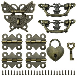 MARRTEUM 1 Set Retro Engraved Jewelry Box Hinges Hasp Catch Handles Lock Set, Decorative Hardware Kit with Screws for DIY Wooden Case Furniture Cabinet Suitcase Decoration and Repairs (Antique Bronze)