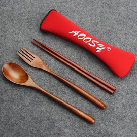 AOOSY カトラリー スプーン フォーク 箸 箸袋4点セット 通勤用食器セット 弁当用 携帯便利 学生用 天然木製ディナーセット