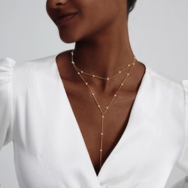 HERIER Gold Jewelry Set for Women Dainty 14K Gold Plated Lariat Long Pearl Necklace and Earring Set with Drop Earrings Bracelets for Women Trendy Wedding Bride Jewelry Gift