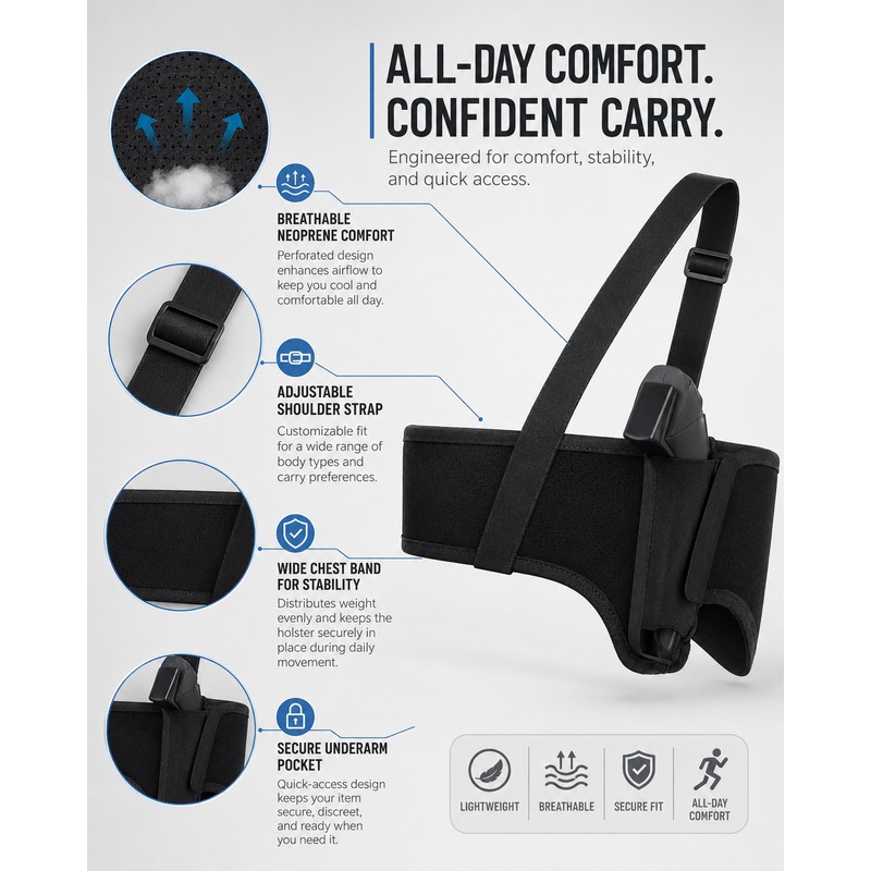 Adjustable Neoprene Shoulder Holster for Concealed Carry – Breathable Underarm