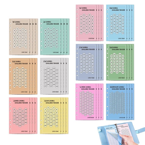 PAVIKE Euro Punched Paper Binder 48pcs Euro Savings Challenge Envelope