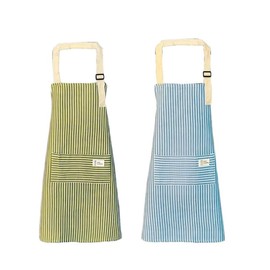 qipuneky Set of 2 Women's Kitchen Aprons with Pocket, Cotton Linen Apron for Cooking, Baking, Painting, Housework, Green + Blue
