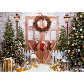 DePhoto 7X5Ft Christmas Backdrop for Photography Winter Xmas Rustic Barn Wood Door Background Winter Xmas Pine Tree Gifts Stockings Family Decoration Background Christmas Photo Studio Props