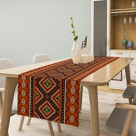Tribal Navajo Table Runner, Traditional Aztec Ethnic Oriental Geometric Orange Red Print Table Runner for Indoor Outdoor Dinner Party Decor, 13x36inch