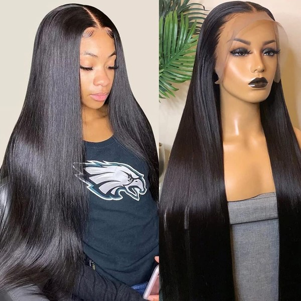 33 x 10 Transparent Lace Front Straight Human Hair Wig 180% Density 26 Inch Brazilian Straight Human Hair Wig for Black Women Glueless HD Lace Frontal Wig