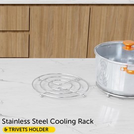 Cooling Rack Round Metal Trivets Holder Hot Pot Pan Cooking Stand Non-Stick Steaming Wire Rack for Kitchen Worktops Protector- Chrome