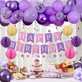 Purple Happy Birthday Party Decorations Set for Women Girls, Pre-Strung Happy Birthday Sign Banner, Purple Balloons, Tissue Paper Pom Poms, Circle Dot Garland, Hanging Swirls for Birthday Party