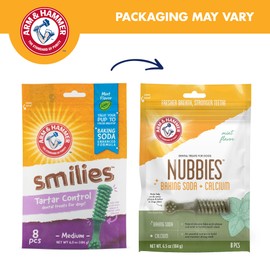 Arm & Hammer for Pets Nubbies Dental Treats for Dogs with Baking Soda and Calcium, Treat Chews Help Fight Bad Breath, Plaque & Tartar without Brushing, Mint, Med. Size, 8 Pcs (Packaging may vary)