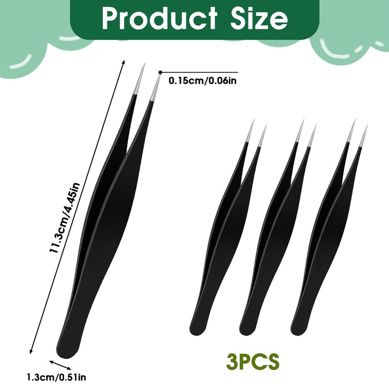 Salbsever 3pcs Black Ingrown Hair Tweezers, Precision Needle Point Tip,