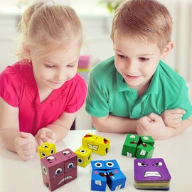 Expression Wooden Cube Puzzle, Colourful Rubik's Cube Building Block Toy Set Emoji Montessori IQ Puzzle Interaction Game, Face Change Thinking Training Wooden Building Cube Children Over 3 Years Old