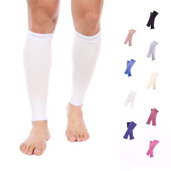 Doc Miller Calf Compression Sleeve Men and Women - 15-20mmHg Shin Splint Compression Sleeve Recover Varicose Veins, Torn Calf and Pain Relief - 1 Pair Calf Sleeves White Color - Large Size
