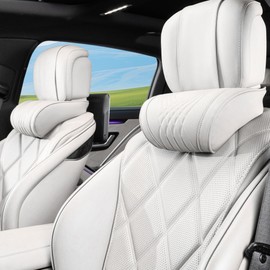 Dapucarin Car Headrest Memory Foam Neck Pillow for Driving with Leather Cover Soft Comfortable Seat Head Pillow Cushion for Most Cars SUV Sedan Home Office Off-White (Beige) (2PC)