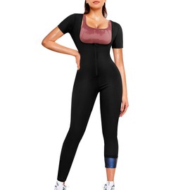 Junlan Sauna Suit for Women Full Body Compression Suit Sweat Jumpsuit Waist Trainer for Working Out(Short-sleeved Black,X-Large)