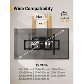 Perlegear UL Listed Full Motion TV Wall Mount for 42-85 inch TVs up to 132 lbs, TV Mount with Dual Articulating Arms, Tool-Free Tilt, Swivel, Extension, Leveling, Max VESA 600x400mm, 16" Studs, PGLF8