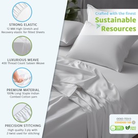 Maya Bedding Twin 100% Cotton Bedsheet Set (3Pcs) - Silver Grey - 400 Thread Count Sateen Weave, Snug Bottom Deep Pocket Fitted Sheet, Fade Resistant & Envelope Closure Pillowcase