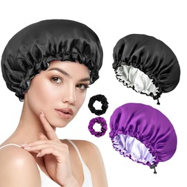 2 PCS Gorros Rizadores de Raso,Viene con 2 PCS Diademas de Satén,Hebillas de Ajuste Elásticas,Gorro de Dormir Cómodo y Reutilizable,Adecuado para Cabello Rizado y Largo,Negro y Morado