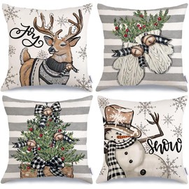 ALINK Christmas Throw Pillow Covers 18 x 18 Inch Set of 4, Striped Buffalo Bowknot Bell Tree Scarf Snowman Deer Snow Joy Decorative Holiday Cushion Cases Xmas Decoration for Home Party Sofa Couch